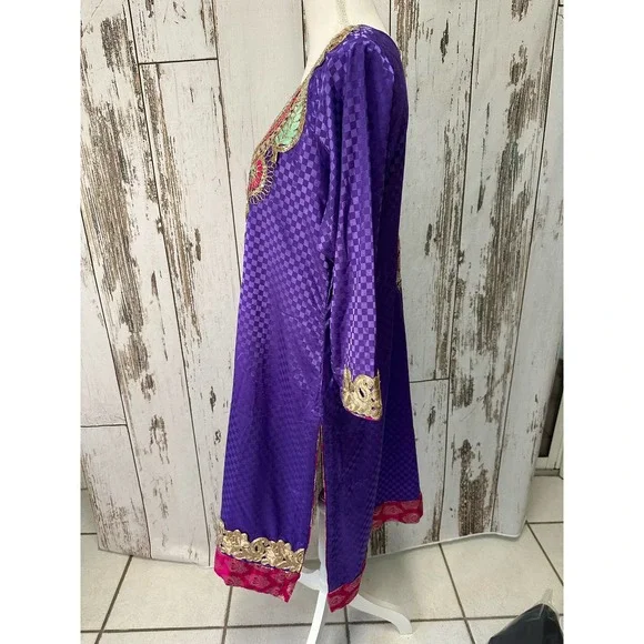 Boho Indian Style Dress Purple/Pink/Teal/Gold Check Measurements - Picture 2 of 6